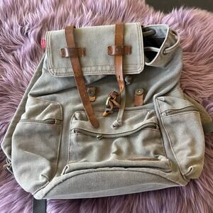 Ecocity vintage grey canvas backpack rucksack with leather straps